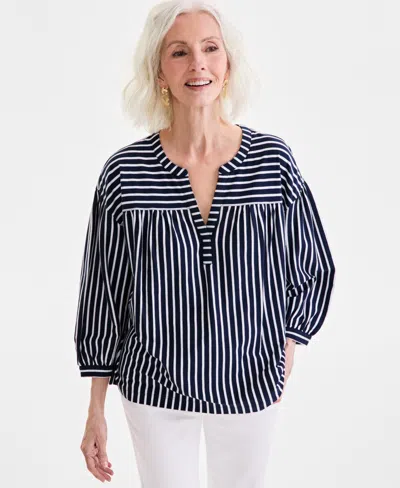 Style & Co Women's Striped 3/4-sleeve Split-neck Top, Exclusively At Macy's In Stripe Blue