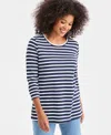 Style & Co Women's Striped Button-trim Tunic Top, Macy's Exclusive In Black