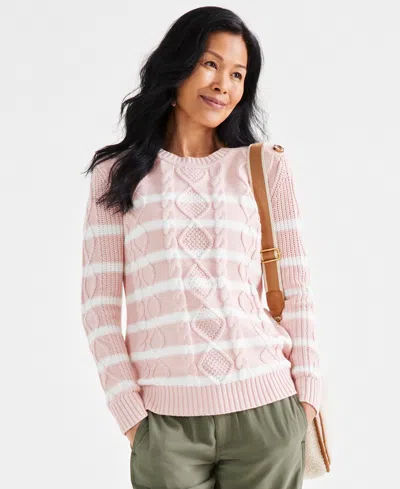 Style & Co Women's Striped Cable-knit Button-shoulder Sweater, Created For Macy's In Country Rose