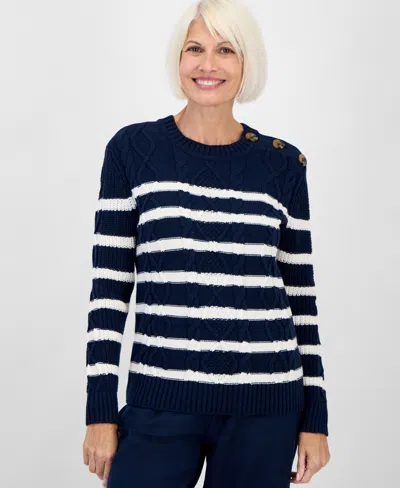 Style & Co Women's Striped Cable-knit Button-shoulder Sweater, Created For Macy's In Multi