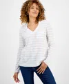 Style & Co Women's Striped Collared V-neck Knit Top, Exclusively At Macy's In White