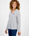 Style & Co Women's Striped Collared V-neck Knit Top, Exclusively At Macy's In White