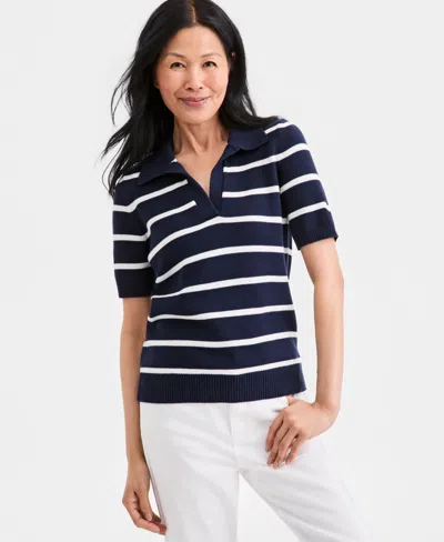 Style & Co Women's Striped Cotton Elbow-sleeve Johnny Collar Sweater, Macy's Exclusive In Blue