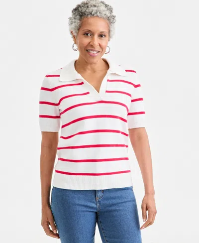 Style & Co Women's Striped Cotton Elbow-sleeve Johnny Collar Sweater, Macy's Exclusive In White