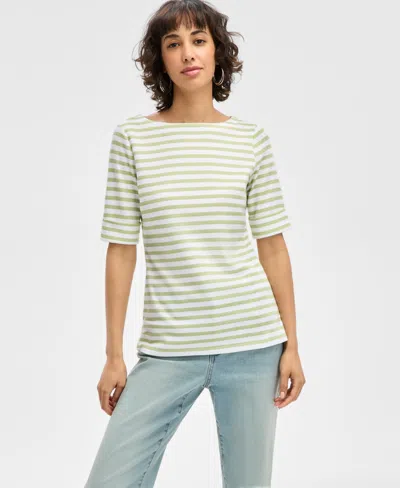 Style & Co Women's Striped Elbow-sleeve Top, Exclusively At Macy's In Green