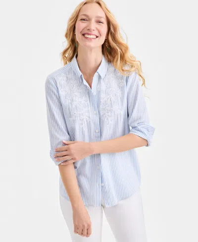 Style & Co Women's Striped Embroidered Perfect Shirt, Macy's Exclusive In Blue