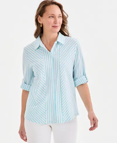 Style & Co Women's Striped Knit Button-front Shirt, Macy's Exclusive In Blue