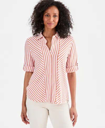 Style & Co Women's Striped Knit Button-front Shirt, Macy's Exclusive In Pink