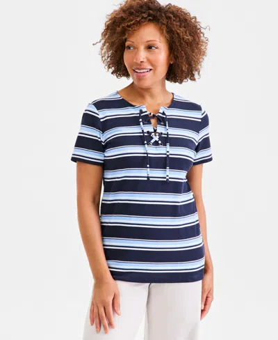 Style & Co Women's Striped Lace-up Short-sleeve Top, Macy's Exclusive In Blue