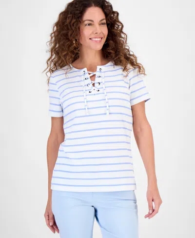 Style & Co Women's Striped Lace-up Short-sleeve Top, Macy's Exclusive In White