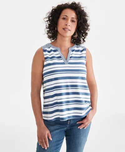 Style & Co Women's Striped Linen-cotton Sleeveless Top, Created For Macy's In Blue Stripe