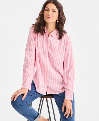 Style & Co Women's Striped Long-sleeve Perfect Shirt, Exclusively At Macy's In Pink
