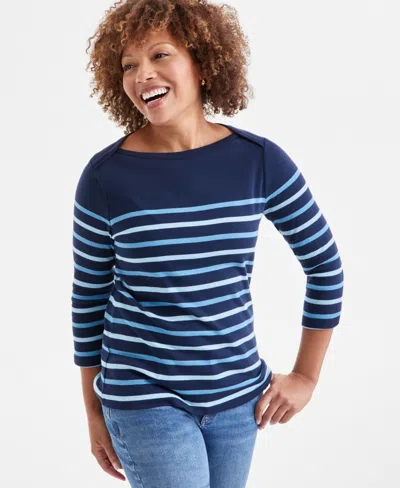 Style & Co Women's Striped Pima Cotton 3/4-sleeve Top, Exclusively At Macy's In Stripe Blue