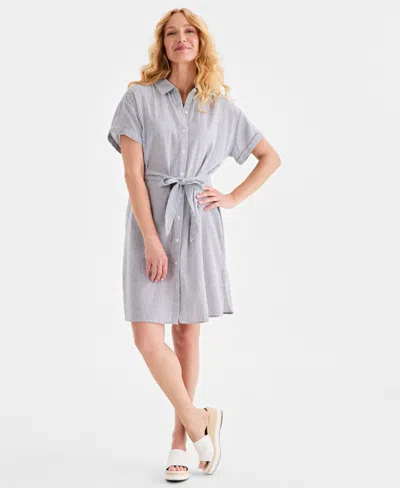 Style & Co Women's Striped Short-sleeve Shirtdress, Macy's Exclusive In Silver
