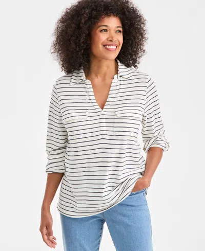 Style & Co Women's Striped Split-neck Tab-sleeve Top, Macy's Exclusive In Neutral