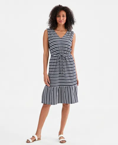 Style & Co Women's Striped Tie-waist Midi Dress, Macy's Exclusive In Blue