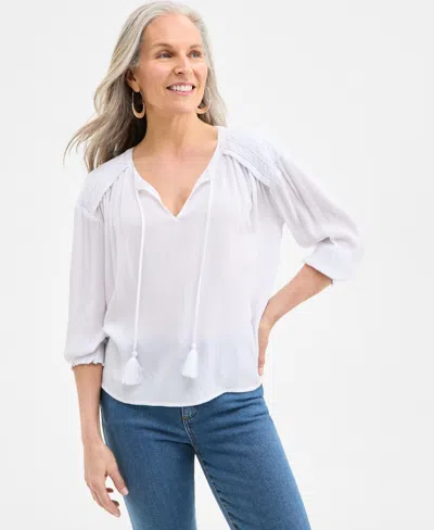 Style & Co Women's Tasseled Split Neck 3/4-sleeve Top, Exclusively At Macy's In Bright White