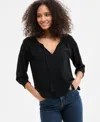 Style & Co Women's Tasseled Split Neck 3/4-sleeve Top, Exclusively At Macy's In Deep Black