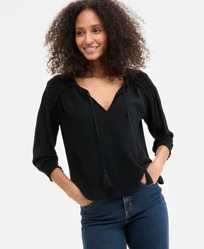 Style & Co Women's Tasseled Split Neck 3/4-sleeve Top, Exclusively At Macy's In Deep Black