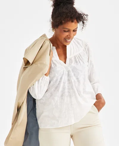 Style & Co Women's Textured Cotton Split-neck Shirt, Exclusively At Macy's In Shiitake