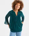 Style & Co Women's Textured Pintuck Ruffle Sleeve Top, Created For Macy's In Green