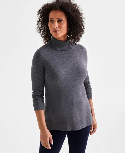 Style & Co Women's Turtleneck Long-sleeve Sweater, Created For Macy's In Charcoal Heather