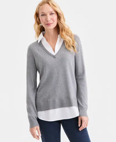 Style & Co Women's Two-fer V-neck Sweater, Macy's Exclusive In Gray