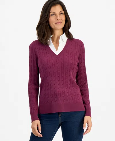 Style & Co Women's Two-fer Cable-knit Collared Sweater, Macy's Exclusive In Purple