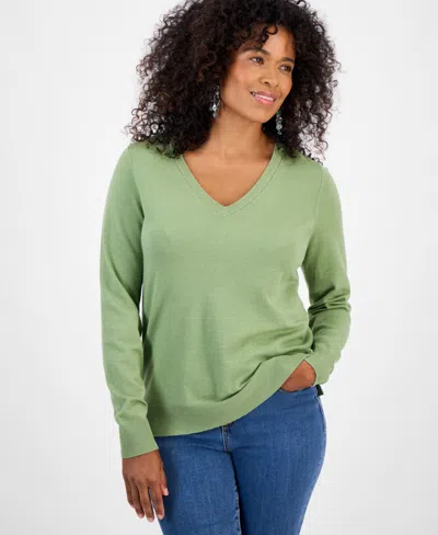 Style & Co Women's V-neck Long-sleeve Sweater, Created For Macy's In Green
