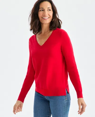 Style & Co Women's V-neck Long-sleeve Sweater, Created For Macy's In Red