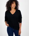 Style & Co Petite Textured Stitch V-neck Sweater, Macy's Exclusive In Black
