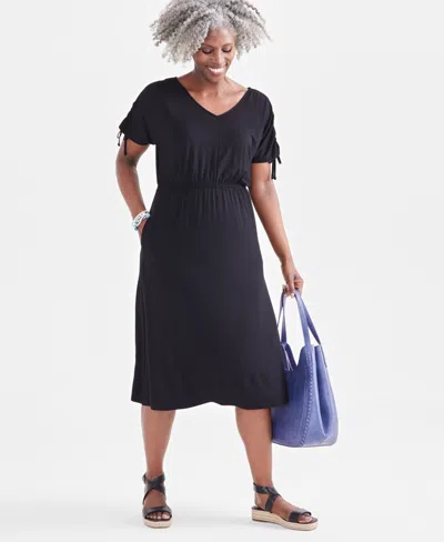 Style & Co Women's V-neck Ruched-sleeve Dress, Created For Macy's In Deep Black