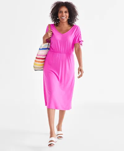 Style & Co Women's V-neck Ruched-sleeve Dress, Created For Macy's In Fuchsia Tulip