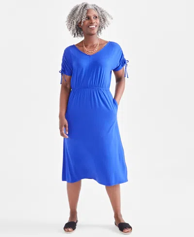 Style & Co Women's V-neck Ruched-sleeve Dress, Created For Macy's In Jazzy Blue