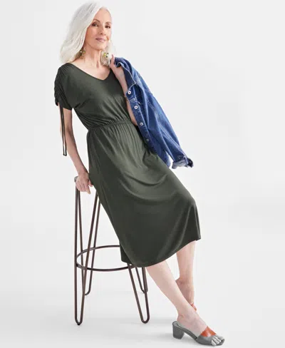 Style & Co Women's V-neck Ruched-sleeve Dress, Created For Macy's In Midnight Olive
