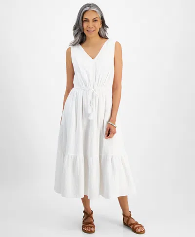 Style & Co Petite Drawstring-waist Sleeveless Midi Dress, Created For Macy's In Bright White