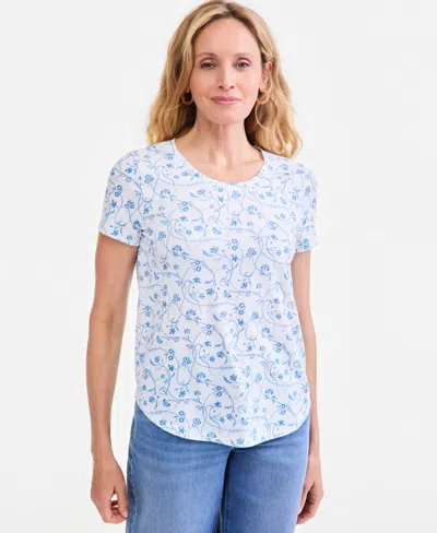 Style & Co Women's Vine Flora Curved-hem T-shirt, Macy's Exclusive In Bright White