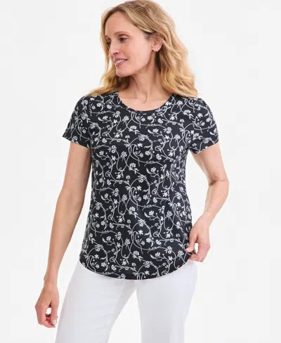 Style & Co Women's Vine Flora Curved-hem T-shirt, Macy's Exclusive In Deep Black