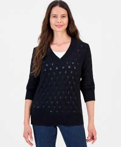 Style & Co Women's V-neck Cotton Pointelle Sweater, Macy's Exclusive In Black