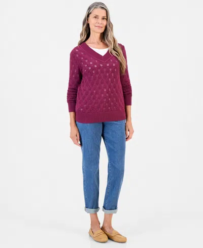 Style & Co Women's V-neck Cotton Pointelle Sweater, Macy's Exclusive In Purple