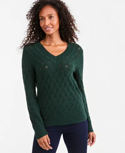 Style & Co Women's V-neck Cotton Pointelle Sweater, Macy's Exclusive In Green