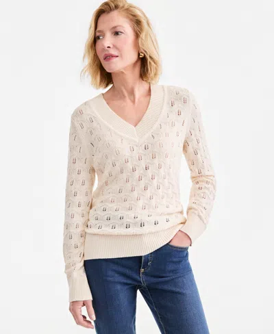 Style & Co Women's V-neck Cotton Pointelle Sweater, Macy's Exclusive In Neutral