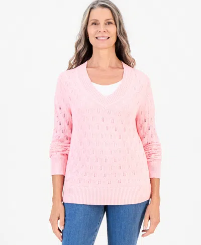 Style & Co Women's V-neck Cotton Pointelle Sweater, Macy's Exclusive In Pink