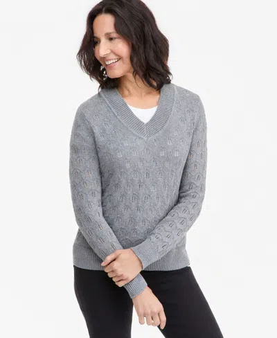 Style & Co Women's V-neck Cotton Pointelle Sweater, Macy's Exclusive In Gray