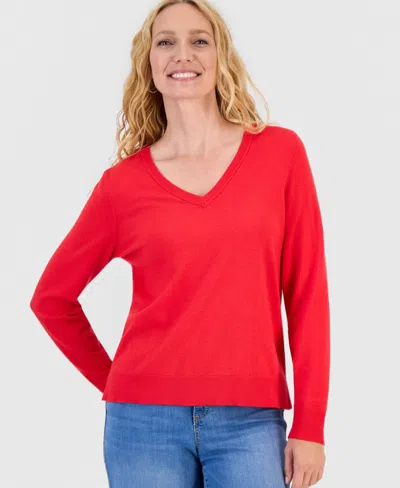 Style & Co Women's V-neck Long-sleeve Sweater, Created For Macy's In Red