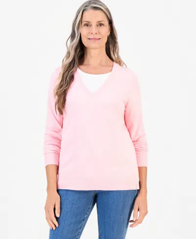 Style & Co Women's V-neck Long-sleeve Sweater, Created For Macy's In Pink Icing