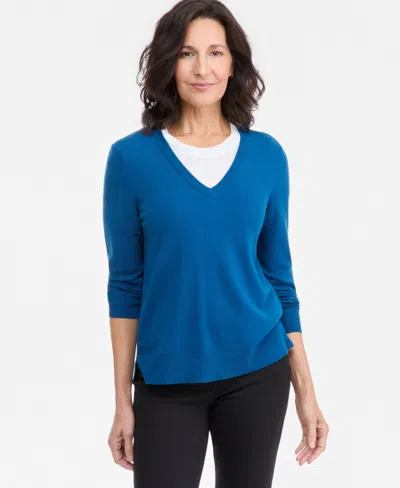 Style & Co Women's V-neck Long-sleeve Sweater, Created For Macy's In Twilight Waters