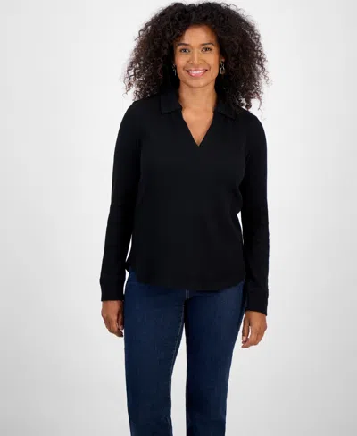 Style & Co Women's Waffle-knit Long-sleeve Polo Top, Macy's Exclusive In Black