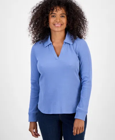 Style & Co Women's Waffle-knit Long-sleeve Polo Top, Macy's Exclusive In Blue