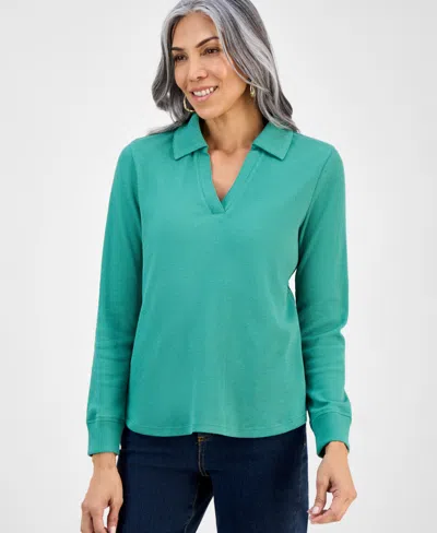 Style & Co Women's Waffle-knit Long-sleeve Polo Top, Macy's Exclusive In Green